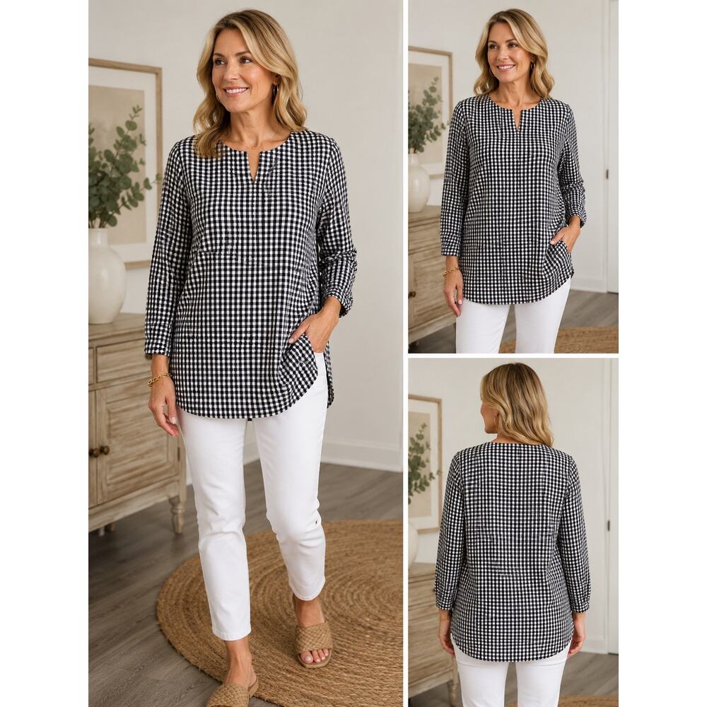 Lands’ End Supima Cotton Gingham Tunic Top Black White Classic Preppy Casual L